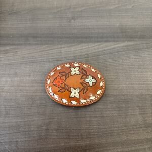 Vintage Hand Stitched Tooled Brown Leather Flowers Hand Painted Belt Buckle‎